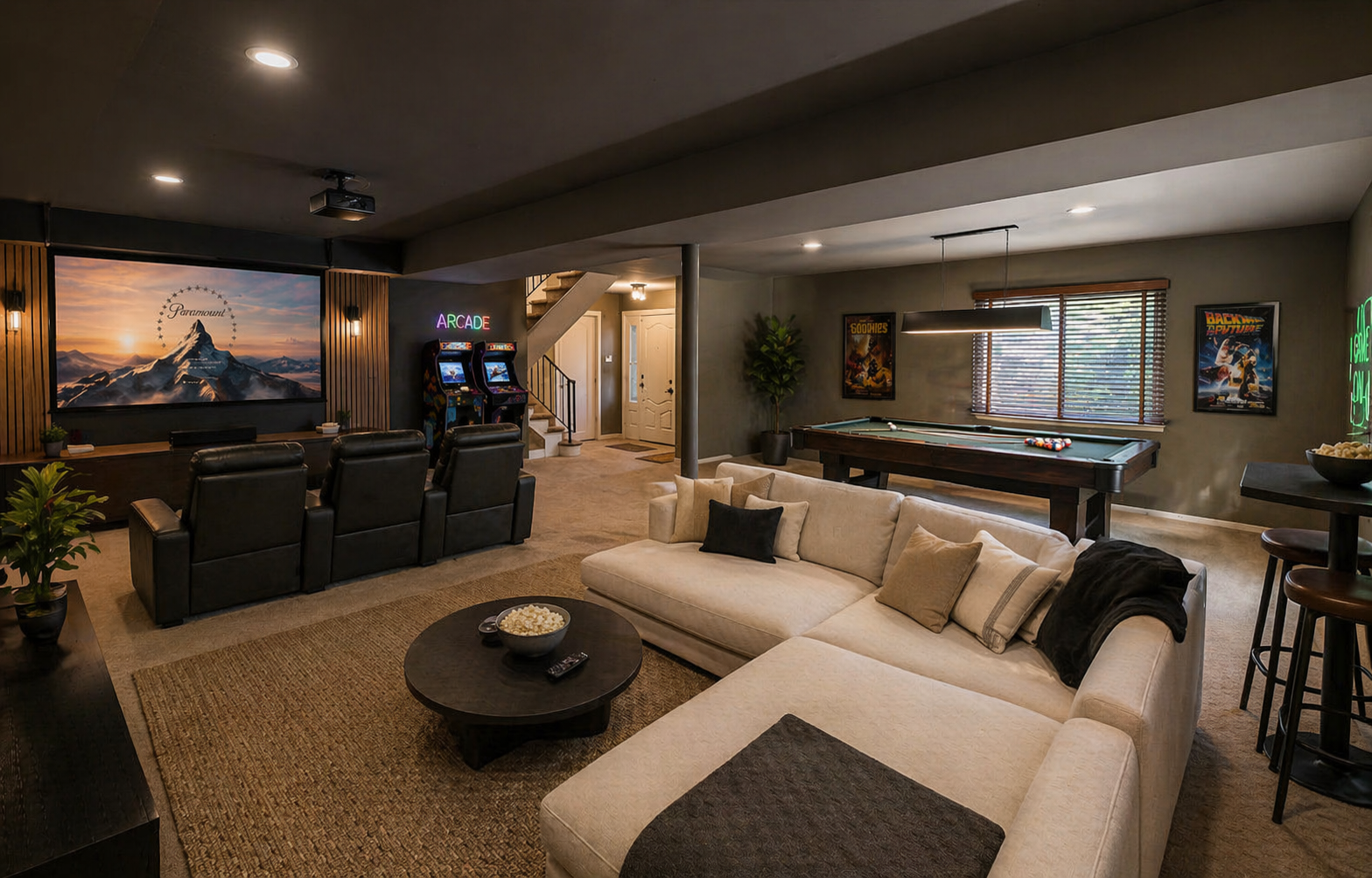 Staged basement entertainment lounge with home theater and pool table