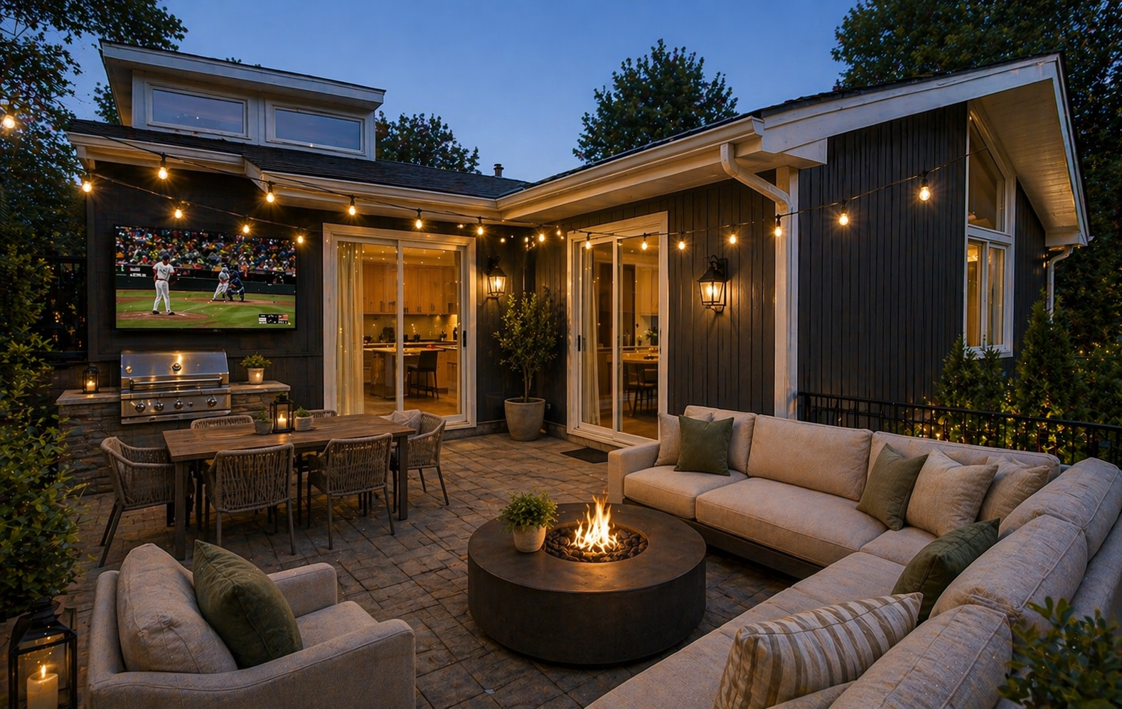 Staged outdoor patio with fire pit, sectional, outdoor kitchen, and string lights
