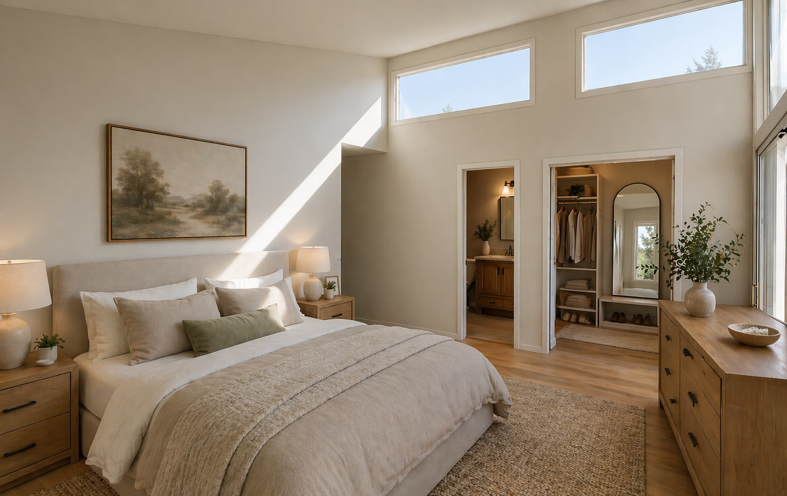 Staged primary bedroom with hardwood floors, upholstered bed, and organic modern decor