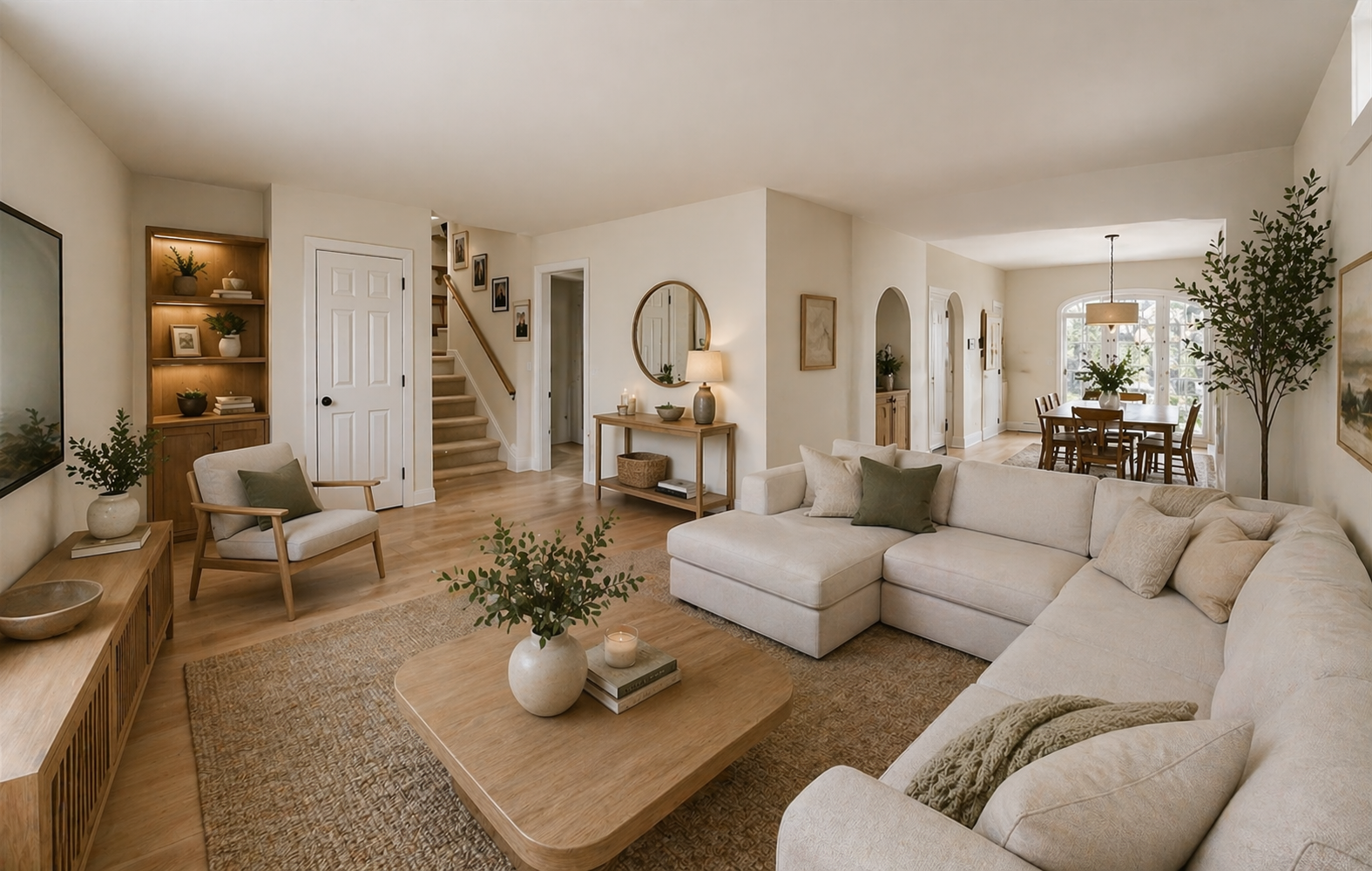 Staged living room with cream sectional, hardwood floors, and coastal modern decor
